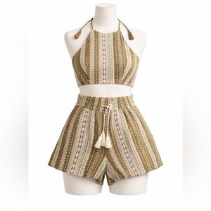 House of Harlow 1960 Embroidered Linen Two Piece Set Medium Halter Shorts